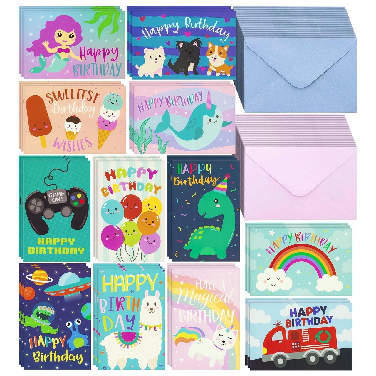 36 Pack Kids Birthday Cards Assortment with Pastel Colored